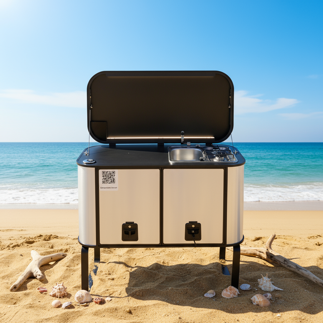 Camportable kitchen with an open lid against a Route 66 themed backdrop