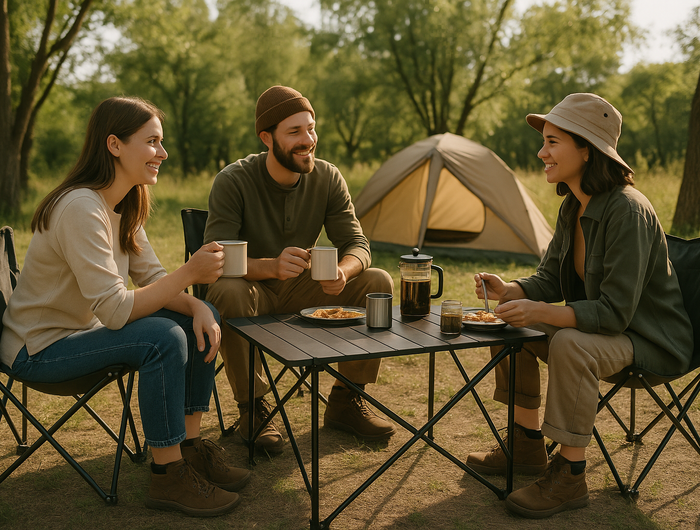camping outdoor sitting at the table on camping chairs