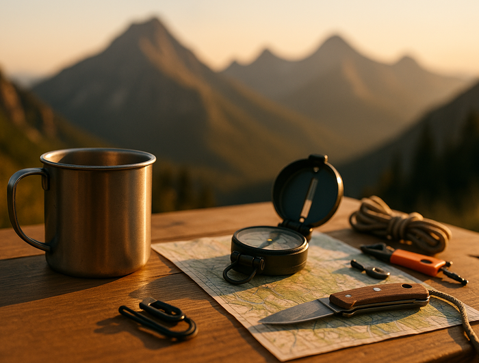 close-up of a camping table top
 outdoors, with mountains in the background
