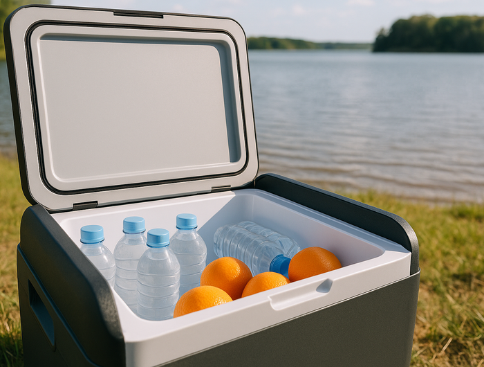 close-up of the interior of a portable refrigerator outside, with a lake in the background